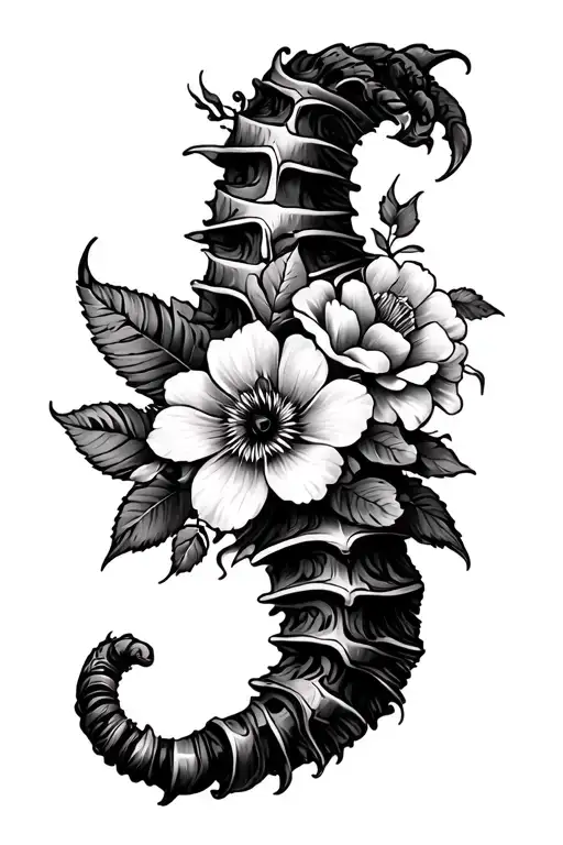 Tiger Spine Tattoo With Flowers