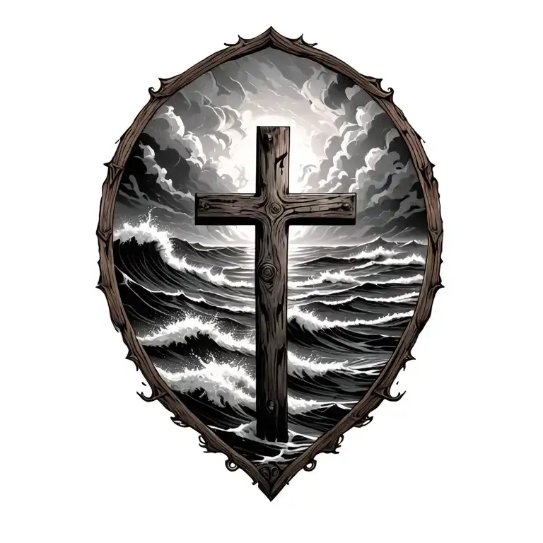 Wooden Cross In Stormy Sea Waves Crashing In The Background
