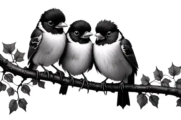 3 Fluffy Birds On Ivy Branch