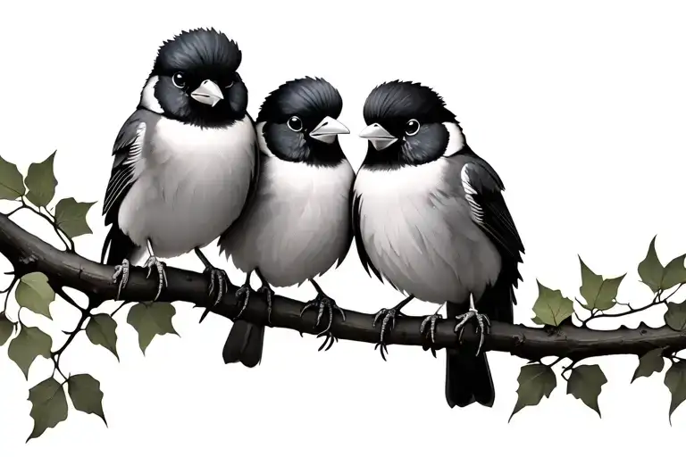 3 Fluffy Birds On Ivy Branch Facing Each Orher