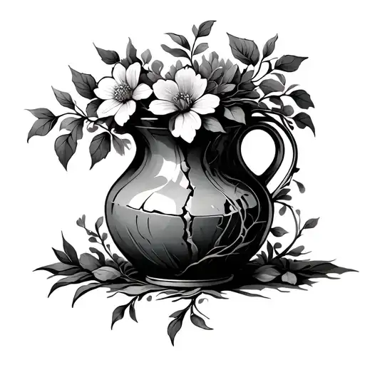 Broken Vase With Vines And Flowers Growing