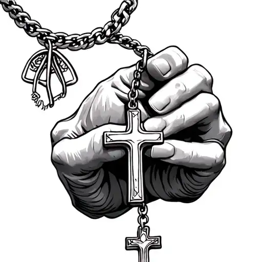 Necklace Of Prayer Hands That Is Also Holding A Small Necklace That Has A Cross On It