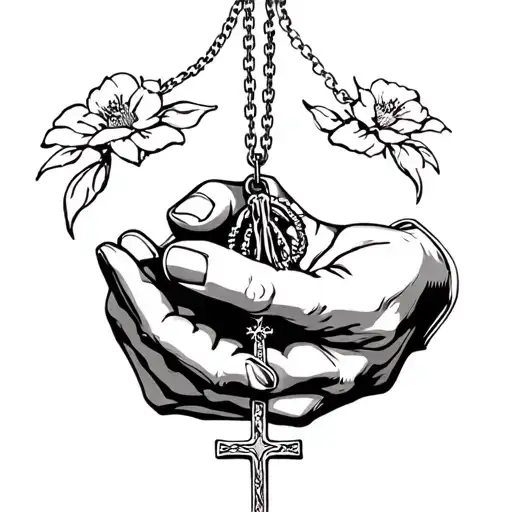 Necklace Of Prayer Hands That Is Also Holding A Small Necklace That Has A Cross On It