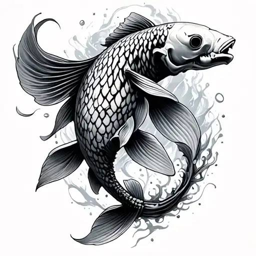 Koi Fish With Bottom Half Turning Into Skeleton And Disintegrating