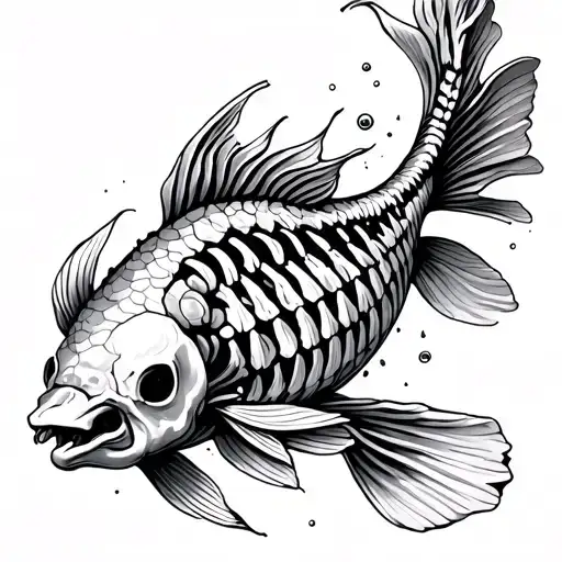 Koi Fish With Tail Turning Into Skeleton And Disintegrating