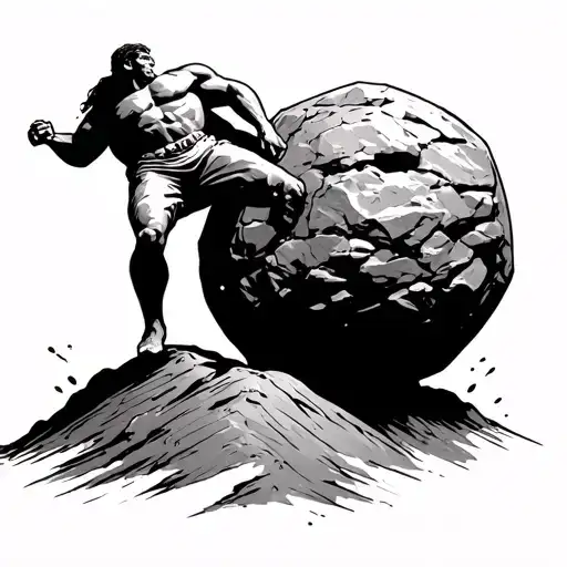 Sisyphus Pushing Boulder Rolling Up A Hill
