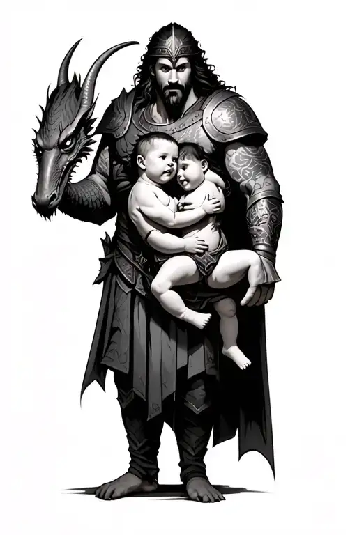 Viking Warrior With Baby With Dragon Wrapped