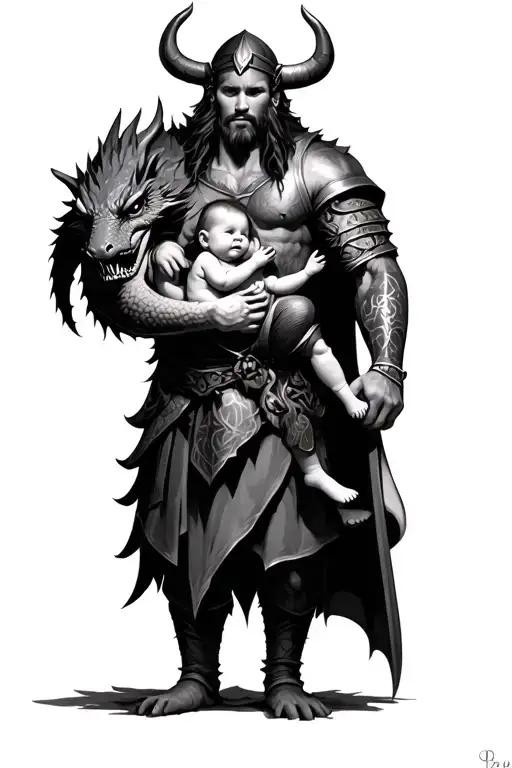 Viking Warrior With Baby With Dragon Wrapped