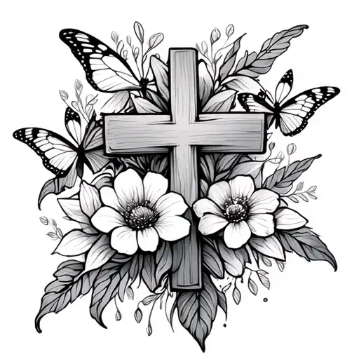 Cross With Flowers And Butterflies