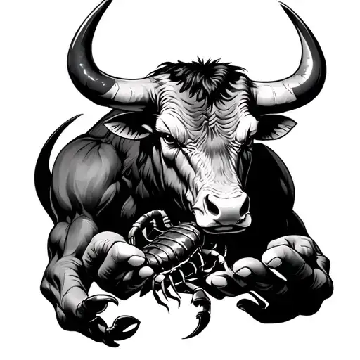 Strong And Powerful Bull With Nose Ring Holding A Scorpion In His Hands