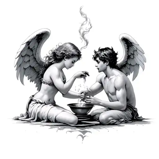 Beautiful Angel Girl Frying On Top And Devil Boy On Group Trying To Touch Each Other