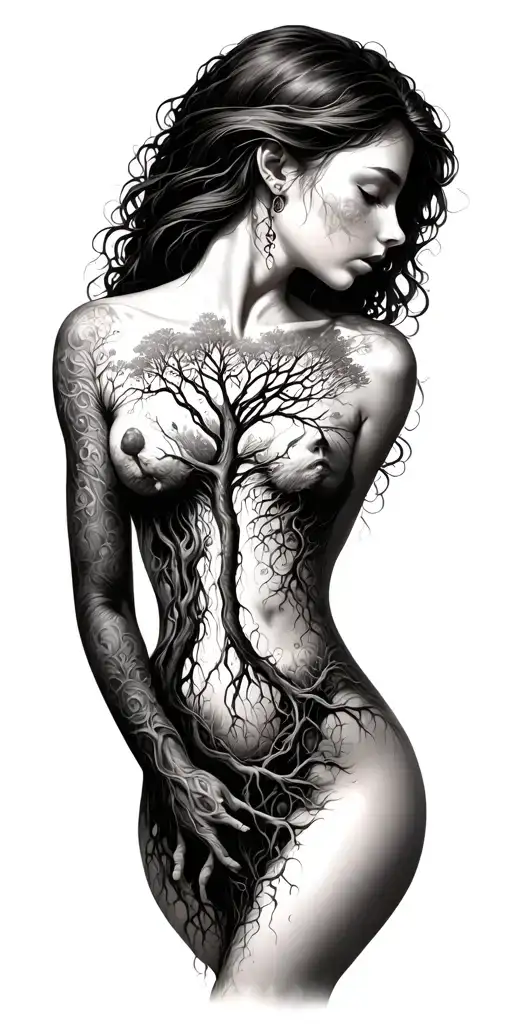 Female Body Up Into Tree Of Life With Roots Growing