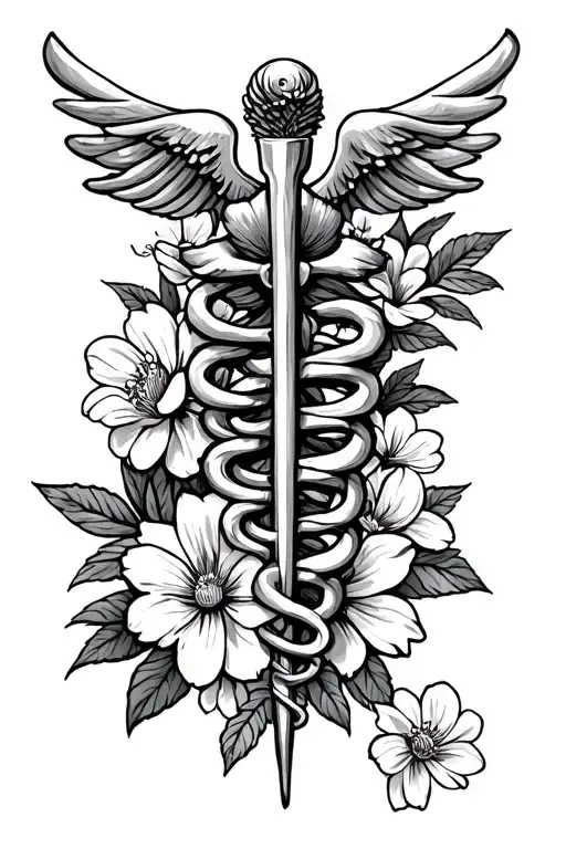 Rod Asclepius Surrounded By Blooming Flowers