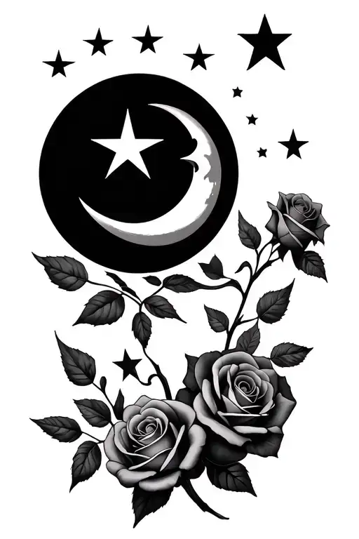 Five Small Stars With North Star Then Crescent Moon And Three Roses In Various Stages