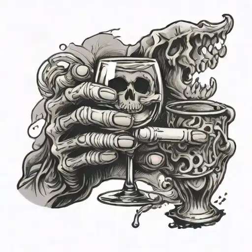 Skeleton Hand Holding A Glass Of Wine And A Cigarette Between Its Fingers