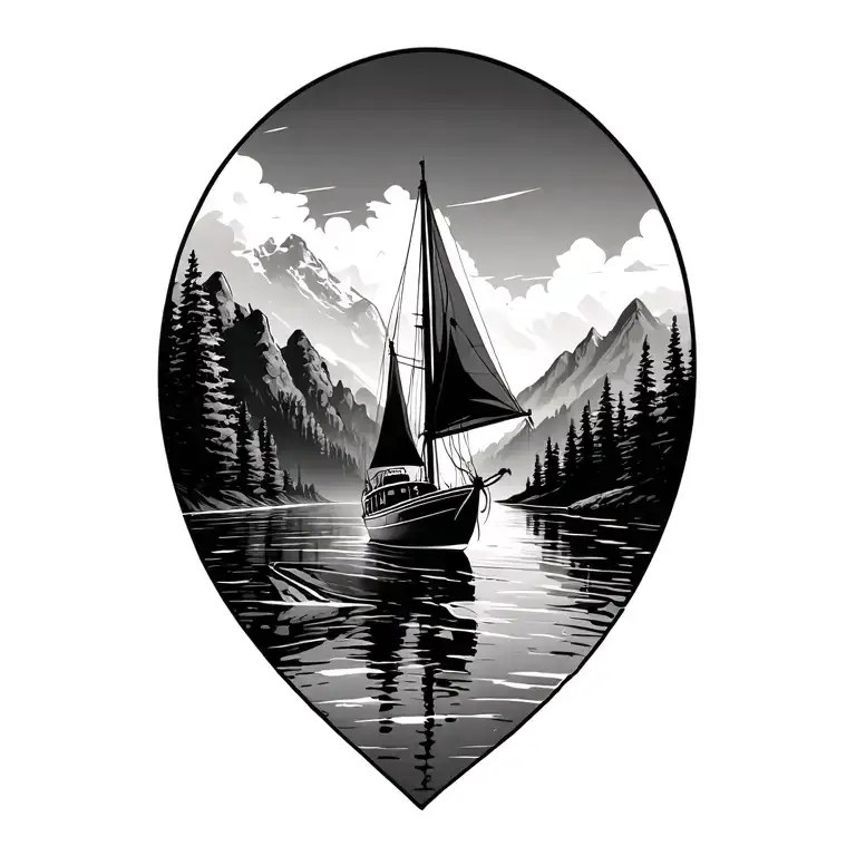 Sailboat On A River Between Mountains