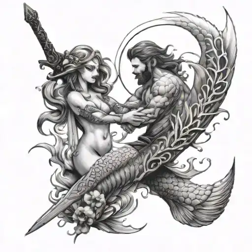 Big Tail Of Mermind And A Girl Trying To Hold A Sword