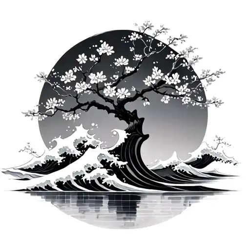 Waves And Cherry Blossom Tree
