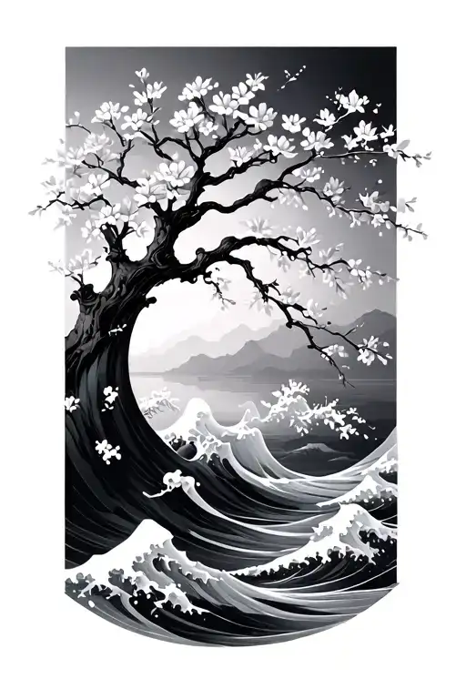 Waves And Cherry Blossom Tree