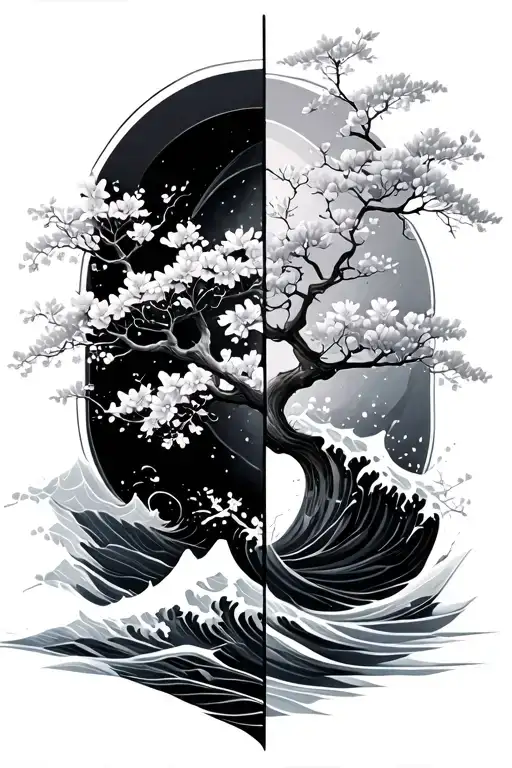 Waves And Cherry Blossom Tree Intertwined Split In The Middle