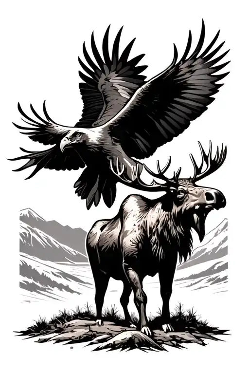 Moose On Ground And Eagle Soaring High