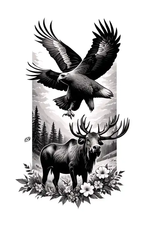 Moose On Ground And Eagle Soaring High With Flowers