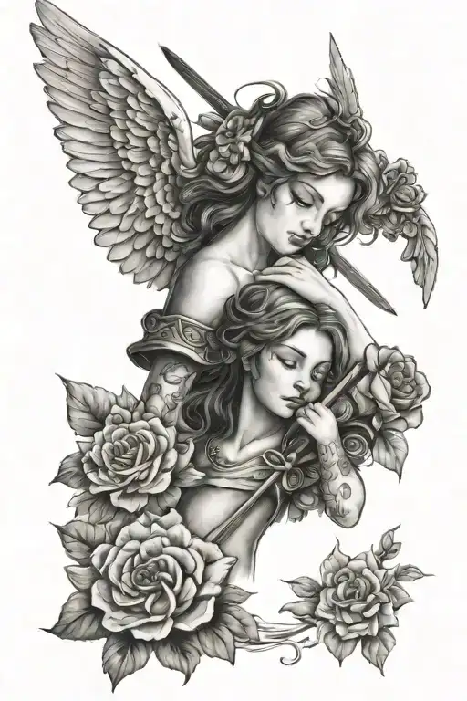 Lili Flowers Surrounded By Angel Holding A Sword