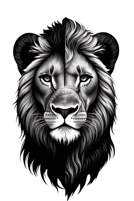 Half Lion Face With Half Cub