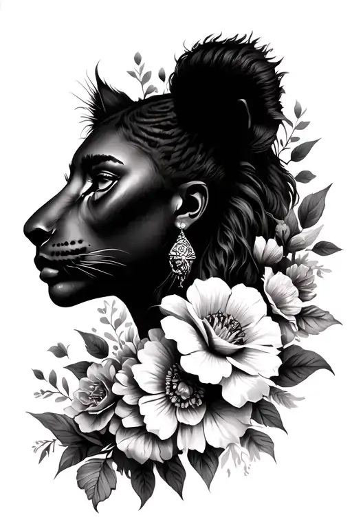 Black Woman Face With A Lioness Surrounded And Flowers