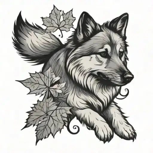Maple Leaf And Keeshond Dog Playing