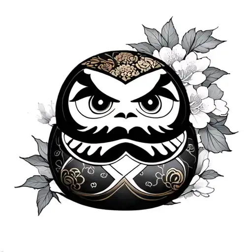 Full Sleeve Tattoo Black Three Japanese Daruma Doll Colored Sakura Leaves Colored Left Arm