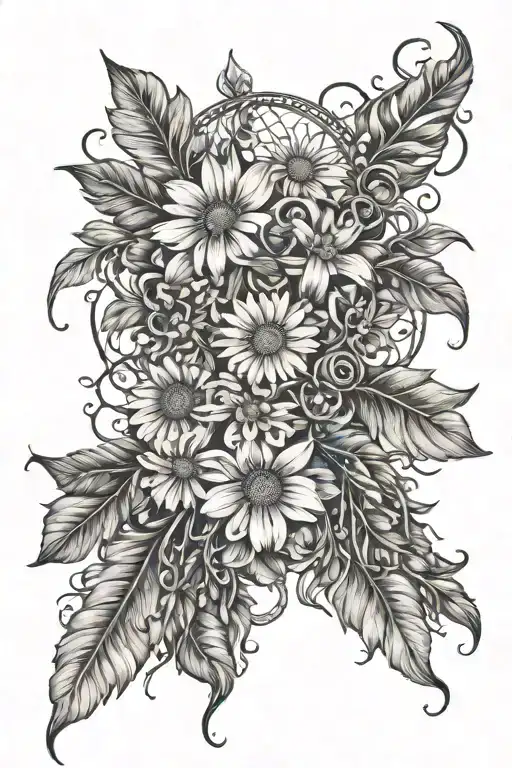 Daisy And Sweet Pea Bouquet With Holly Flower And Dreamcatcher Chains And Tassels