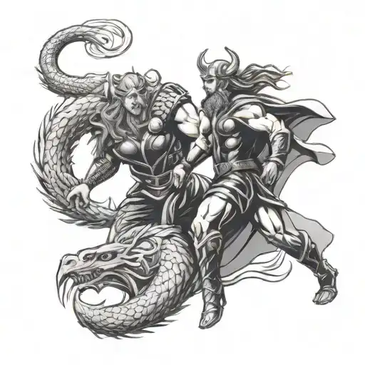 Thor And Odin Fighting Fenrir And Jormungandr