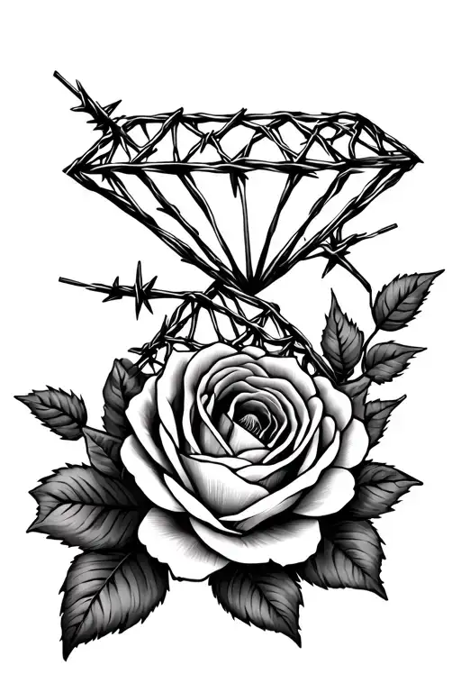 Two Barbed Wire Diamonds Stacked On Top Of Eachother With Wild Roses Around Them