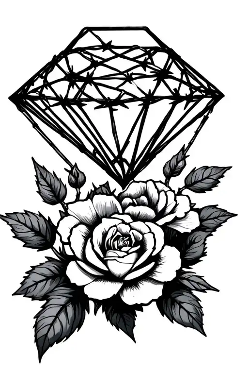 Two Simple Barbed Wire Diamonds Stacked On Top Of Eachother With Wild Roses Around Them