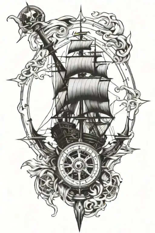 Scull Pirate Ship Compass Rose Intertwined