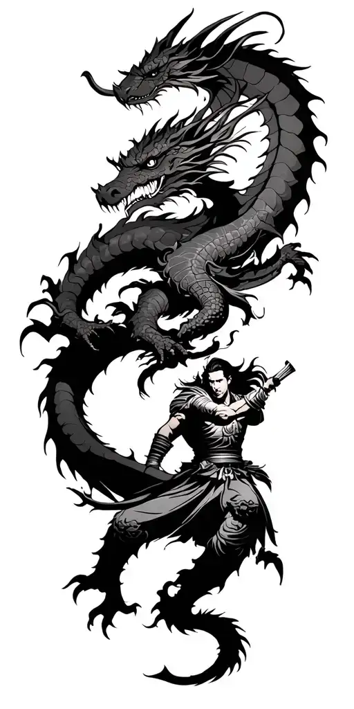 Japanese Warrior Battling A Dragon