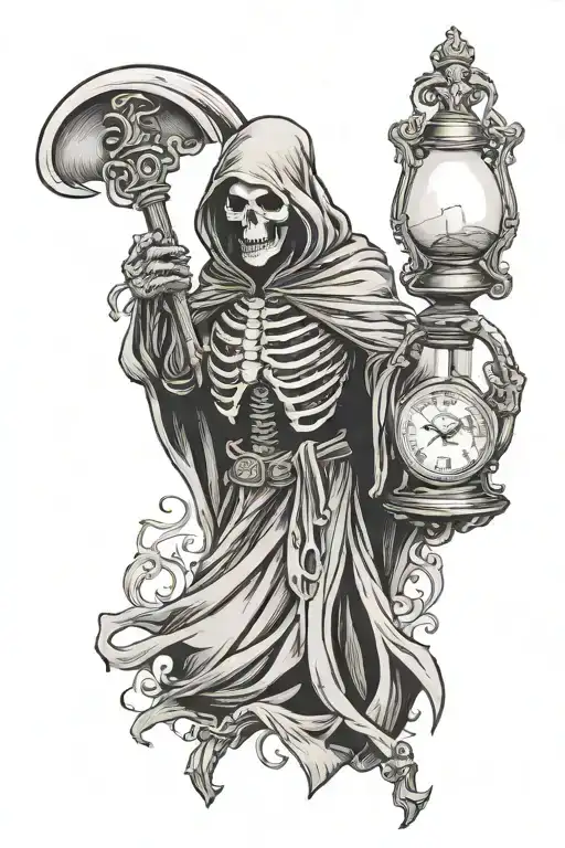 Grim Reaper Holding Hour Glass And Skull