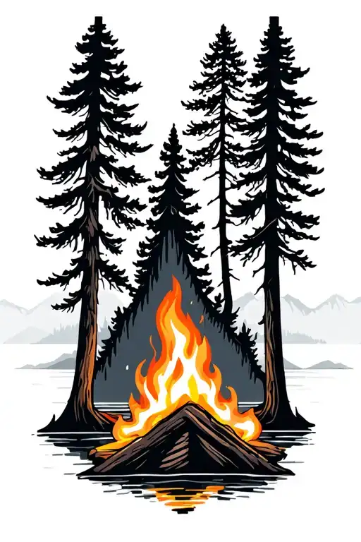 Camp Fire Trees Colors Sunset Over Lake