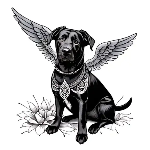 Black Lab With Half Pointy Ears With Angel Wings With Mandala
