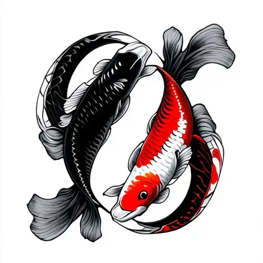 Two Koi Fish In Yin Yang Red And Black Circling Eachother
