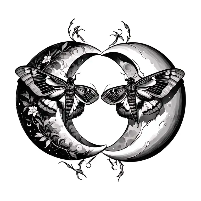 Moth And Crescent Moons Facing Each Other