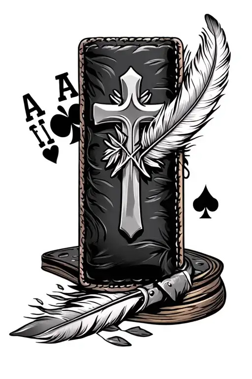 Background Is Tooled Leather With Deck Of Aces Coming Out And A Cross And Cow Tag And Leaf Feather