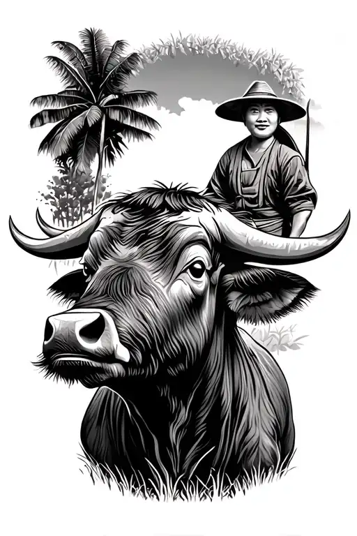 Filipino Rice Field Background Water Buffalo And Farmer