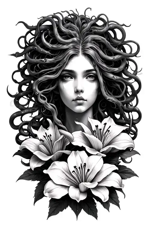 Medusa Tattoo With Lillies Blooming