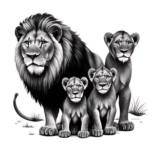 Lion With 4 Cubs