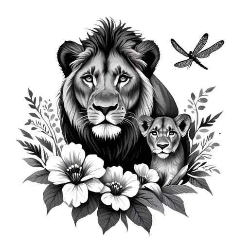 Lioness With Cub And Flowers And Dragonfly Flying