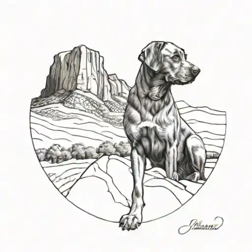 Labradane Dog Sitting Facing Away From The Perspective Looking At Flatirons That Are In The Distance