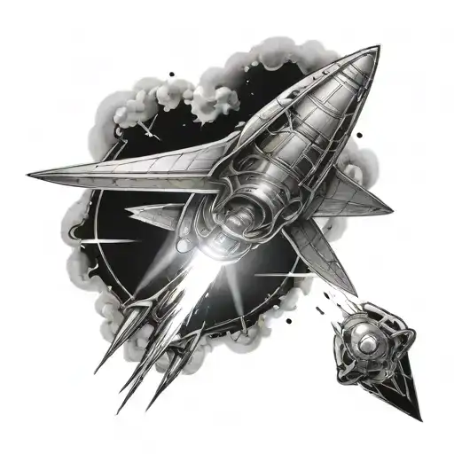 Fine Line Tattoo Of A Spaceship With Faded Beams Coming Down