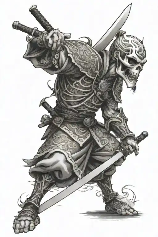 Japanese Warrior With A Skull As A Head Holding A Sword